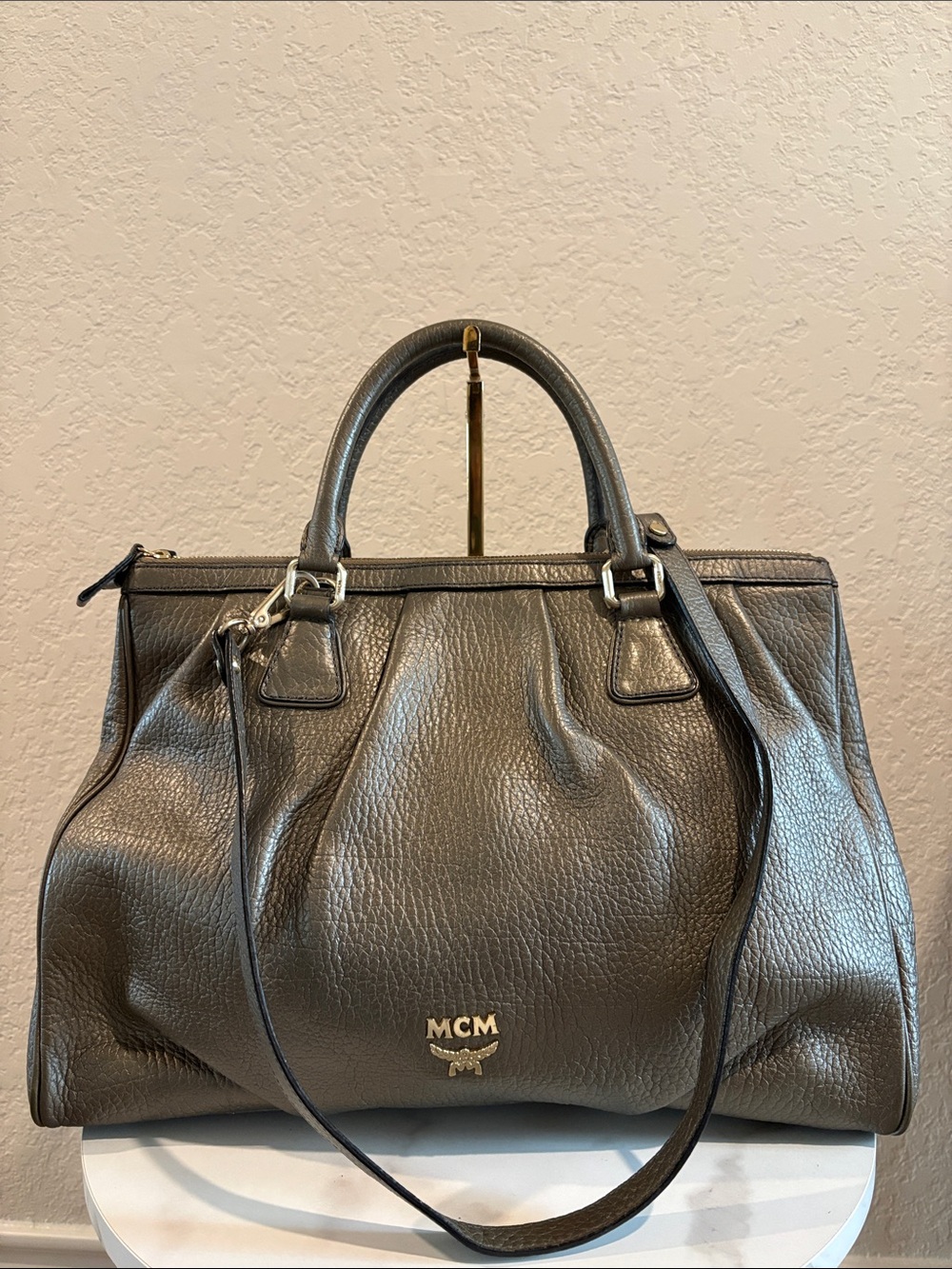 MCM Metallic Gray Pebbled Leather Satchel with Shoulder Strap with COA